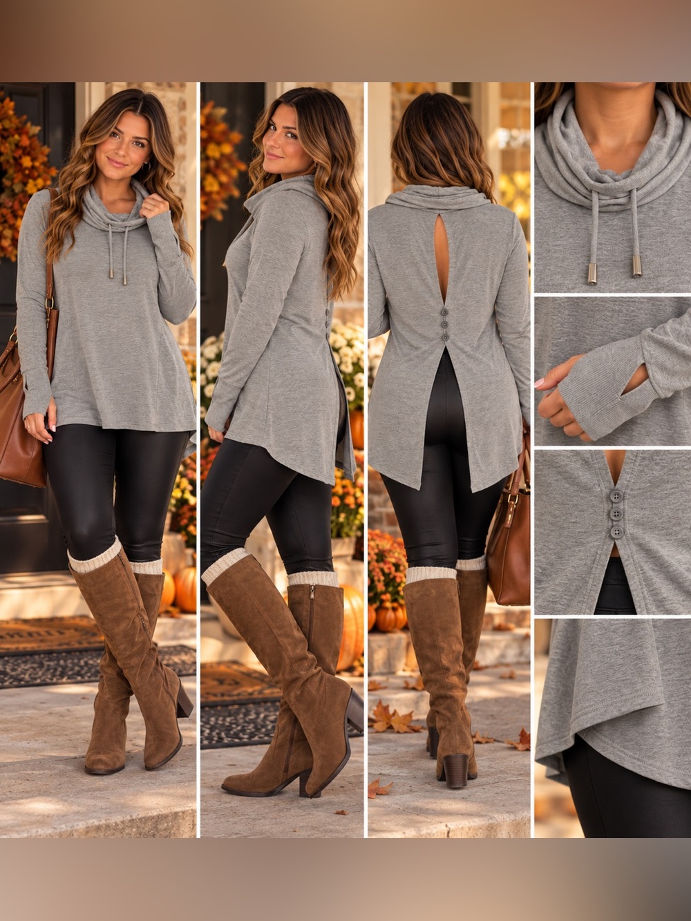 Cable & Gauge Gray Cowl Neck Tunic Sweater Small Open Back Button Detail